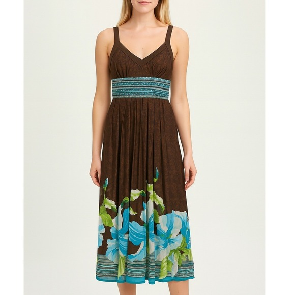 Y2K Signature by Robbie Bee Sundress Womens 8 Brown Sequins Silk Babydoll Floral - Picture 1 of 15